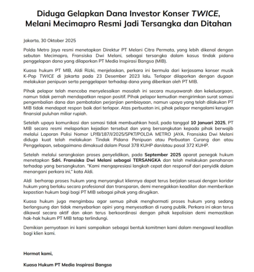 Press Release Melani Mecimapro tersangka kasus penggelapan dana konser TWICE di Jakarta.